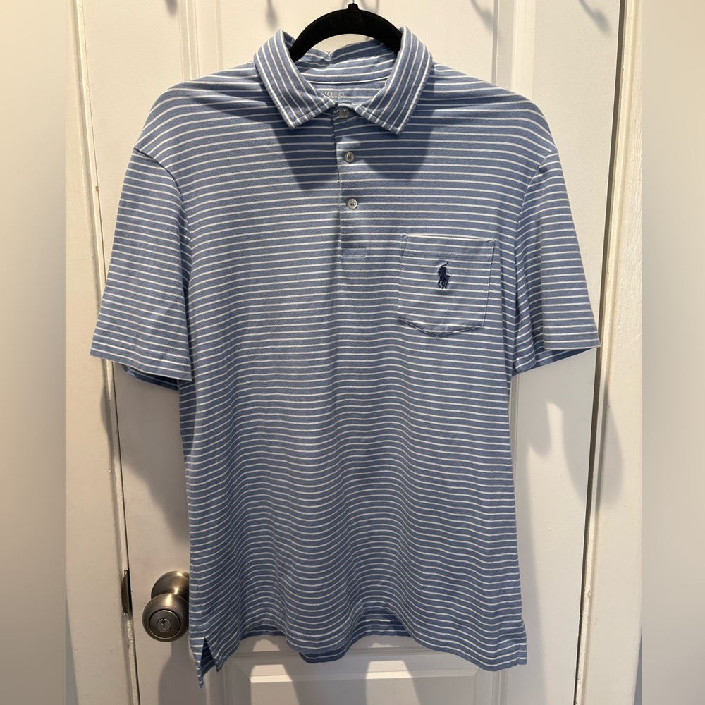 Polo by Ralph Lauren Men's Blue and White Striped Shirt Cotton Blend Size Medium